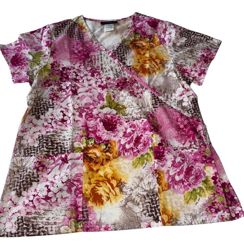 Baby Phat Womens Floral Scrub Top Pink Yellow V-Neck Medical Uniform L 26962C